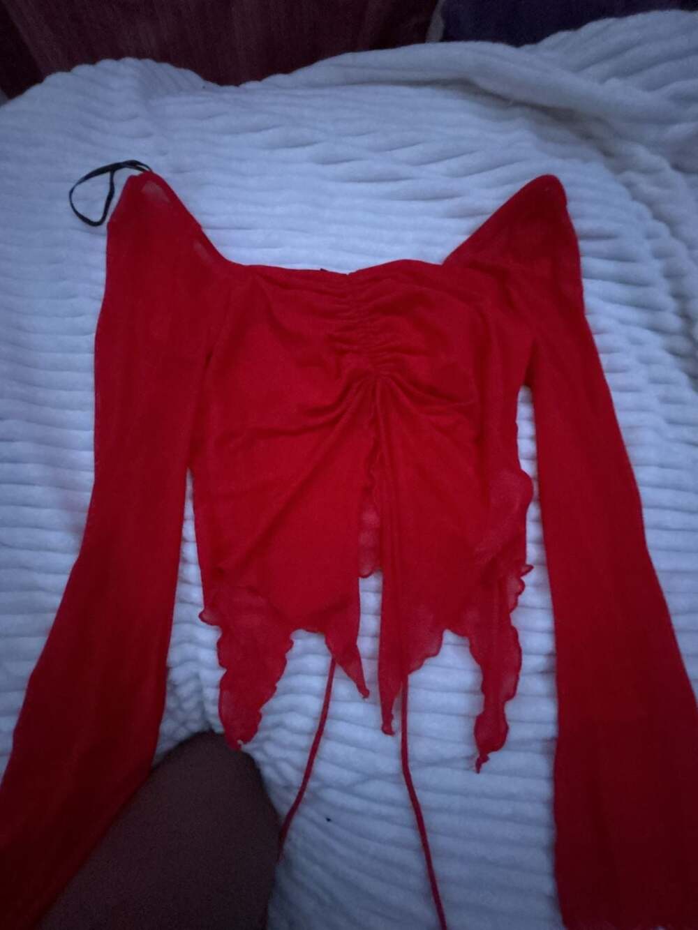 Forever 21 Sheer Split-Hem Top Size L Red Long Sleeve Mesh Blouse